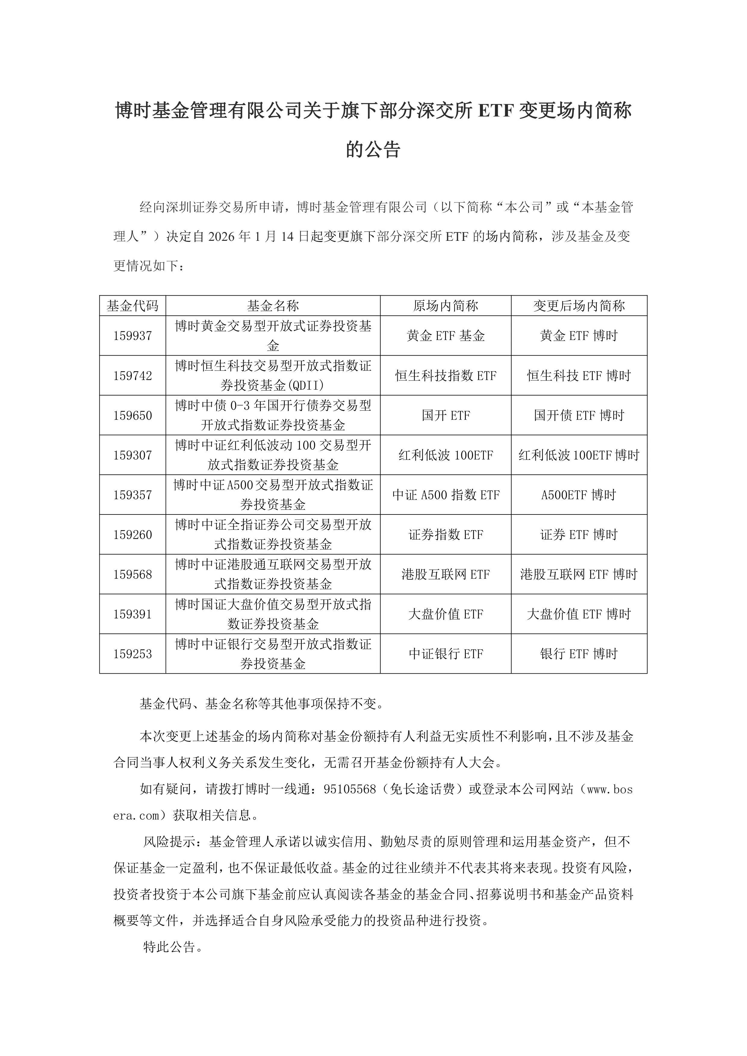 基金-黃金ETF基金-博時(shí)基金管理有限公司關(guān)于旗下部分深交所ETF變更場(chǎng)內(nèi)簡(jiǎn)稱的公告
